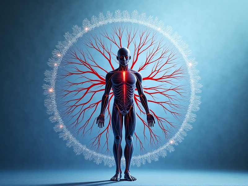 A detailed diagram of the human body showing blood vessels constricting and dilating during cryotherapy, with arrows indicating blood flow. The background is a gradient of cool blue tones, emphasizing the cold treatment.