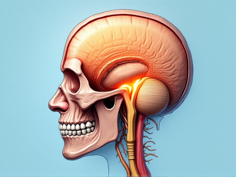 An anatomical illustration of the trigeminal nerve, highlighting its branches and pathways in the face and brain, with a focus on its role in migraine pain, set against a light blue background for clarity.