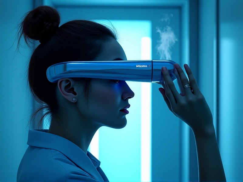 A sleek, modern cryotherapy device with a blue and silver design, emitting a soft mist of cold vapor. The device is being used by a person who is applying it to their forehead, with a calm and focused expression. The background is a clean, clinical setting with soft lighting, emphasizing the advanced technology and therapeutic nature of the treatment.