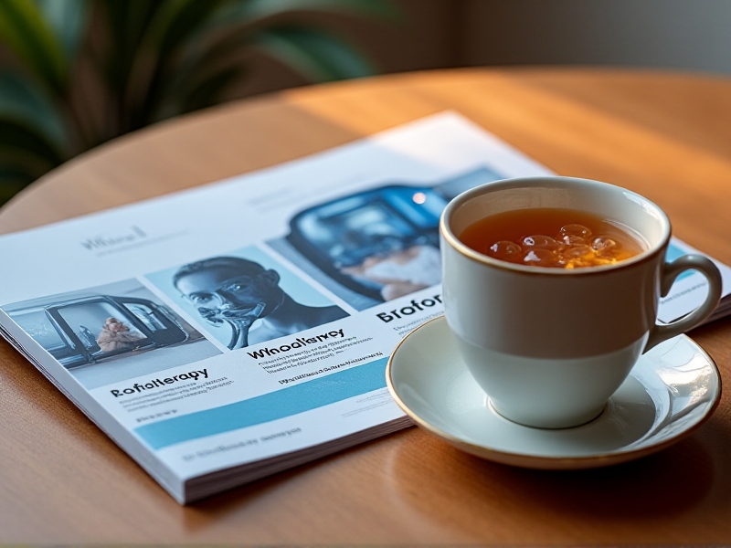 A well-organized brochure showcasing different cryotherapy packages, with images of various modalities like whole-body cryotherapy, localized cryotherapy, and cryofacials. The brochure is set on a wooden table with a cup of herbal tea, creating a warm and inviting atmosphere that emphasizes the holistic nature of the packages.