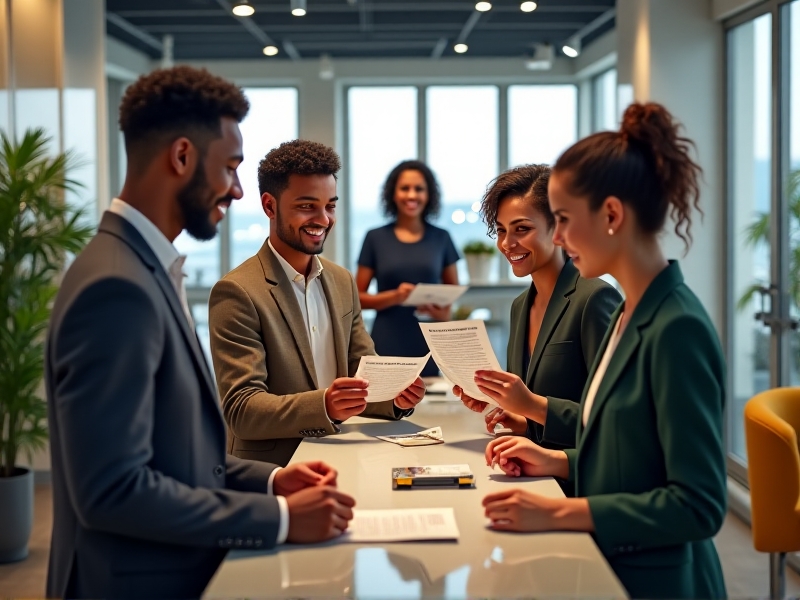 A diverse group of customers smiling and discussing a warranty document in a modern repair service center, with bright lighting and a welcoming atmosphere. The image reflects trust and satisfaction in the service experience.