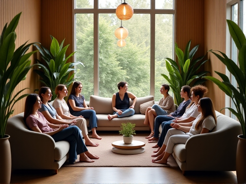 A diverse group of professionals in casual attire, smiling and relaxing in a modern wellness lounge after a float therapy session. The room features warm lighting, comfortable seating, and plants, creating a welcoming and rejuvenating environment.