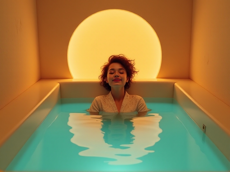 A serene floatation tank in a softly lit room, with warm, calming colors and a tranquil atmosphere. The water inside the tank is still and reflective, inviting relaxation and mental clarity. The image conveys peace and rejuvenation.